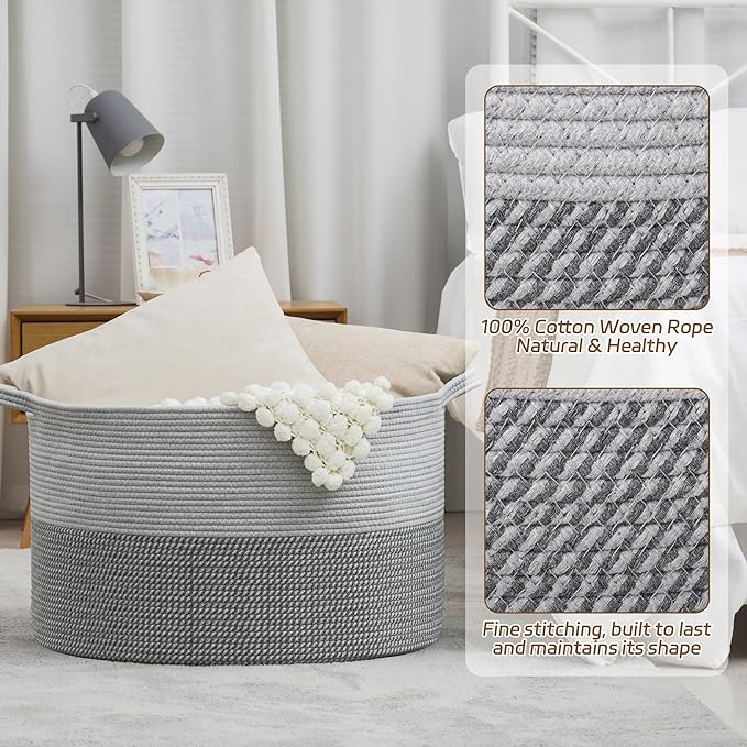 XXXLarge Woven Cotton Rope Basket (21.7" x 13.8") 90L – Blanket Basket for Living Room, Laundry Hamper, Baby Laundry Hamper, Toy Storage, Pillows & Cushions Organizer (Mixed Grey)