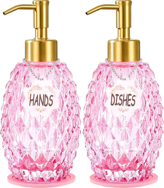 MALACHI Soap Dispenser Set, Crystal-Textured Diamond Glass with Rustproof Stainless Steel Pump, Dual-Labelled Hand & Dish Soap Dispenser for Kitchen & Bathroom