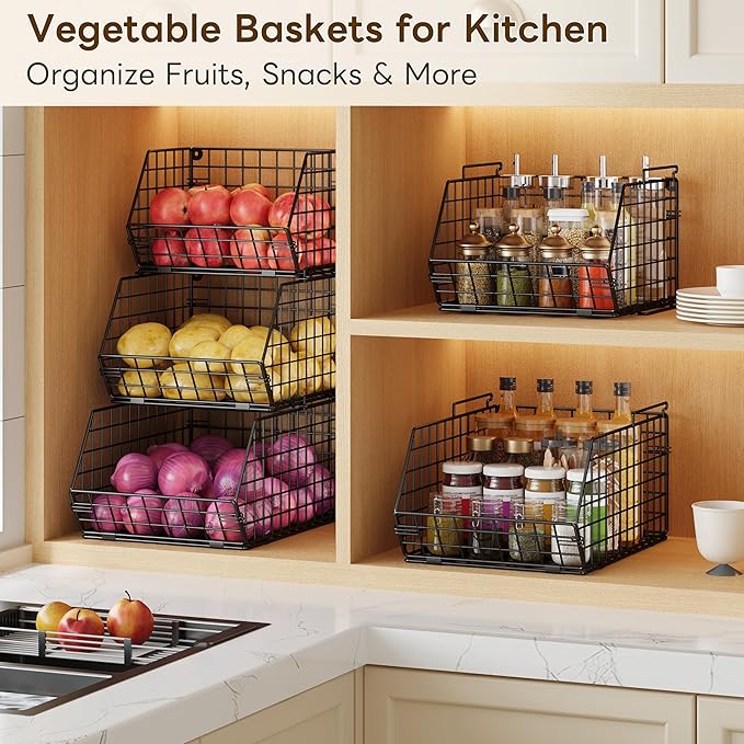 X-cosrack 3-Tier Stackable Wire Baskets for Counter, Fruit and Vegetable Storage, Potato and Onion Storage Bin，Kitchen Pantry Organizer - Wall Basket for Produce/Snack/Can, Black