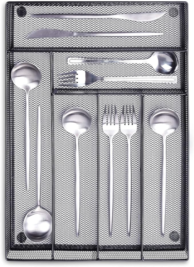 WuGeShop 6 Compartments Metal Mesh Kitchen Flatware Organizer Tray, Silverware Drawer Organizer/Utensil Holder and Cutlery Tray with Non Slip Mat (Black)