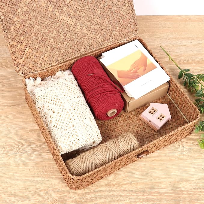 Flat Wicker Shelf Baskets with Lid, Handwoven Seagrass Basket Boxes for Storage Baskets Bins Home Decor Organizer (Coffee Large)