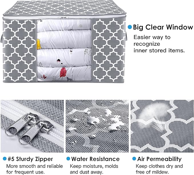 WISELIFE Storage Bags 100L 3-Pack Large Blanket Clothes Organization and Storage Containers for Bedding, Comforters, Foldable Organizer with Reinforced Handle, Clear Window, Sturdy Zippers, Light Grey