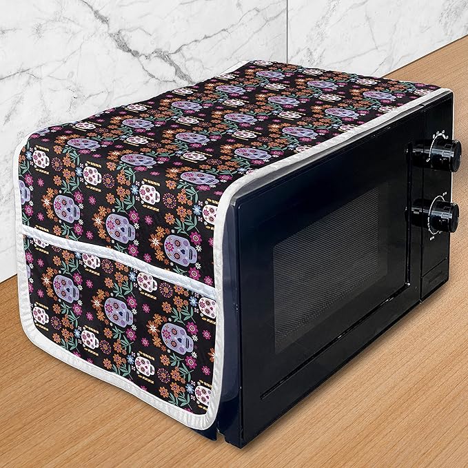 Ambesonne Dia De Los Muertos Microwave Oven Cover, Continuous Mexican Sugar Skull Pattern with Flowers on Dark, Water Resistant Organizer with Pockets for Kitchen, 36" x 12", Purple Black