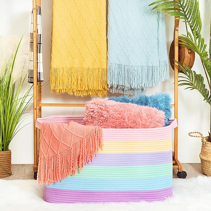 MINTWOOD Design 22in Extra Large Blanket Basket Holder Living Room, Rectangle Rope Woven Storage Basket with Handles for Laundry, Pool Towels, and Shoes, Dog Toy Organizer Bin Box, Pastel Rainbow