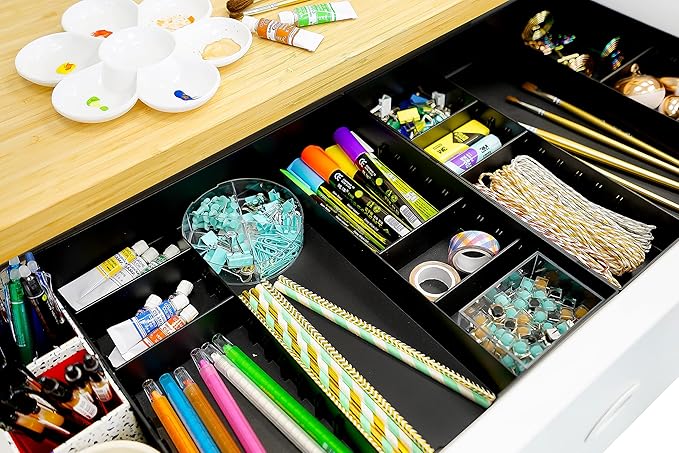 CAXXA 3 Slot Drawer Organizer with 4 Adjustable Dividers - 7 Compartments Junk Drawer Storage for Makeup & Vanity, Office Desk Supplies and Accessories, BLACK (2 pack)