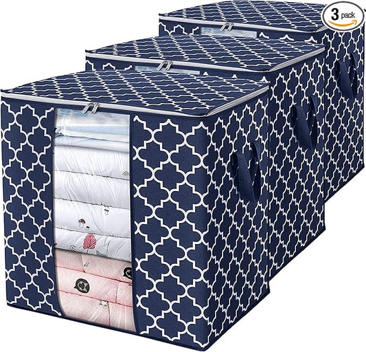 WISELIFE Storage Bags 3 Pack/100L Large Blanket Clothes Organization and Storage Containers for Comforters,Bedding, Foldable Organizer with Reinforced Handle, Clear Window, Sturdy Zippers,Blue