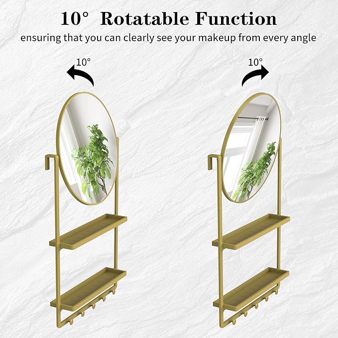 WONSTART 39.5" × 21.7" Gold Round Wall Mirror with Shelf and Hooks, 10° Adjustable Tilt Metal Frame Bathroom Mirror with Shelf for Bedroom, Entryway, Living Room
