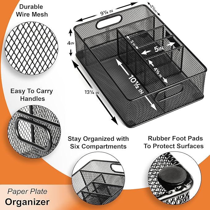 Paper Plate Organizer for Cabinet, Counter, Picnics, Parties & More, Extra Large Utensil Caddy Crafted of Thick Iron Mesh With 6 Compartments for Paper Plates & Plastic Silverware