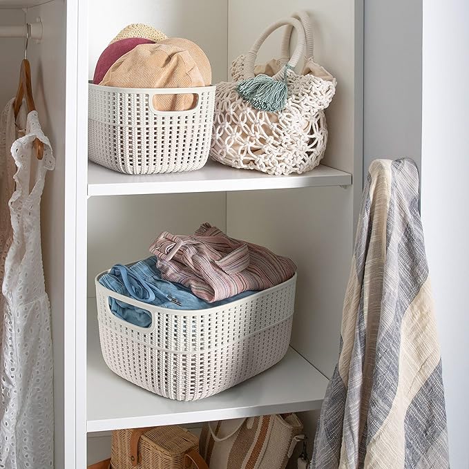 Simplify 2 Pack 2 Tone Sailor Knot Plastic Storage Tote | Decorative Basket | Closet Organization | De-clutter | Accessories | Toys | Bathroom Organization | Large | Ivory