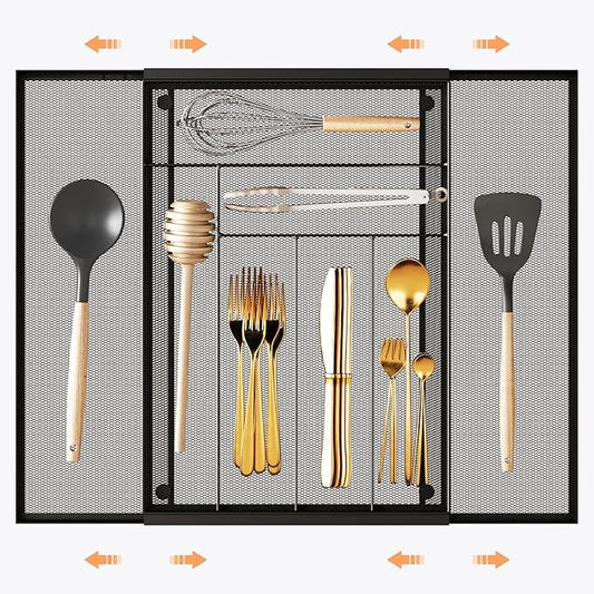 Silverware Organizer Metal Mesh, Large Drawer Organizer, Utensil Cutlery Tray for kitchen drawers, Expandable Flatware Organizer with 8 Compartment Black 11.6"~20" x 17.3"