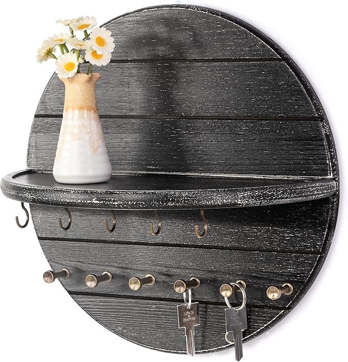 Rebee Vision Pine Wood Key Holder Wall Mount Decorative - Round Wooden Rustic Key Holder for Wall with 11 Hooks and Shelf - Circular Design for Home Decor Aesthetic & Entryway (Old Black)