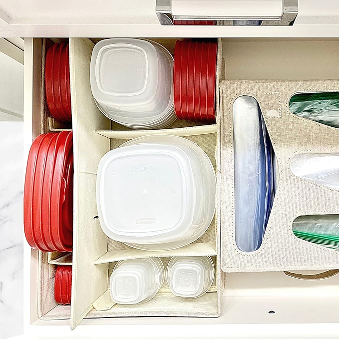 Food Storage Container Organizer 2pc - Lid Organizer Box - Adjustable Kitchen Organizing Box - Compatible with Tupperware Glad Rubbermaid Ziploc Containers - Drawers and Cabinet Organization (2)