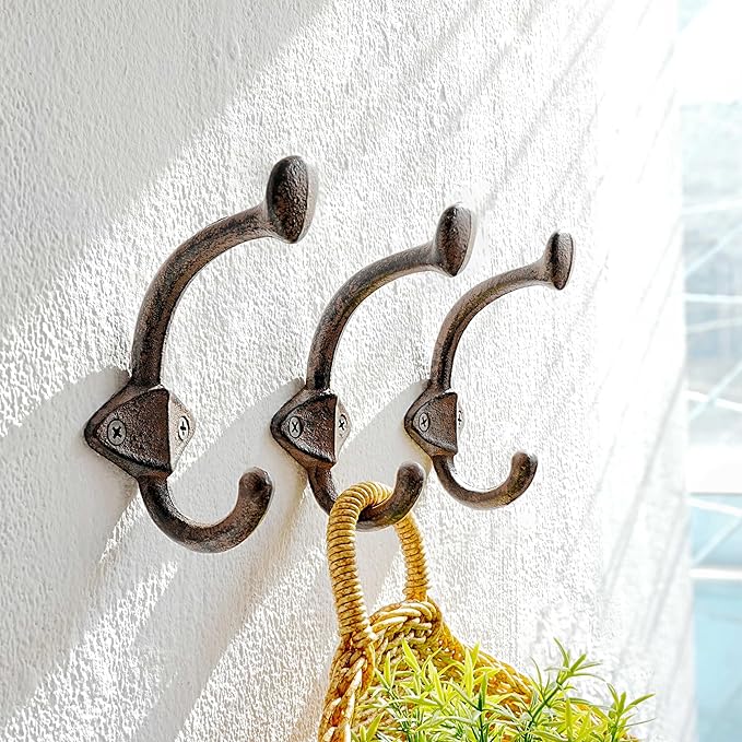 Dseap Cast Iron Wall Hooks L=5”, Heavy Duty Coat Hooks, Rustic Vintage Farmhouse Hook for Hanging Winter Coats Jackets Towels Hats Bags Plants, Antique Brown, Pack of 10 (ShieldBold)