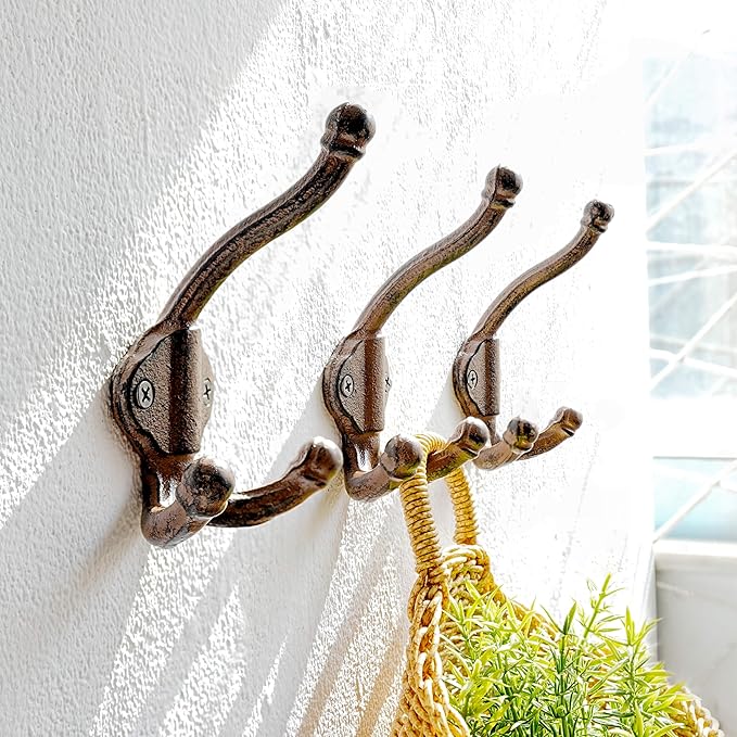 Dseap Cast Iron Wall Hooks L=5”, Heavy Duty Coat Hooks, Rustic Vintage Farmhouse Hook for Hanging Winter Coats Jackets Towels Hats Bags Plants, Antique Brown, Pack of 10 (GripBold)