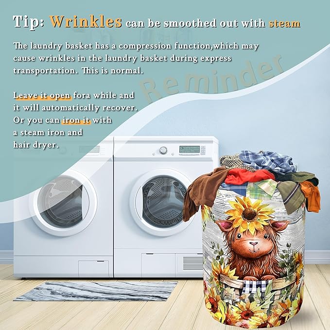 Cute Sunflowers Small Cow Laundry Basket Foldable With Handles Tote Bag Oxford Cloth Funny Laundry Hamper Clothes Storage Bucket Toy Organizer 18.9" x 16.5" For Bathroom/Laundry/Bedroom