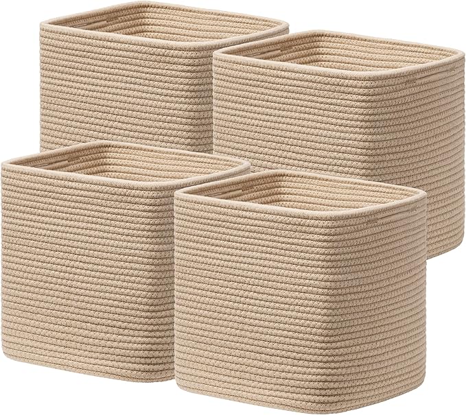 joybest 13x13x13 Inch Cube Storage Bins Set of 4, Cotton Rope Woven Organizer Basket for Shelves, Cube Bin Square Shelves Organizer Closet Storage, Nursery, Toy Organization, Brown