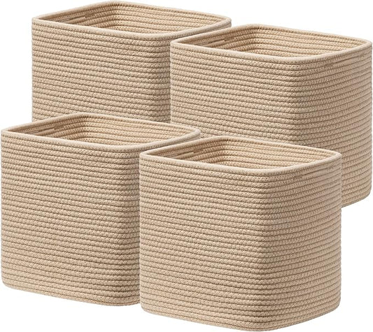 joybest 13x13x13 Inch Cube Storage Bins Set of 4, Cotton Rope Woven Organizer Basket for Shelves, Cube Bin Square Shelves Organizer Closet Storage, Nursery, Toy Organization, Brown