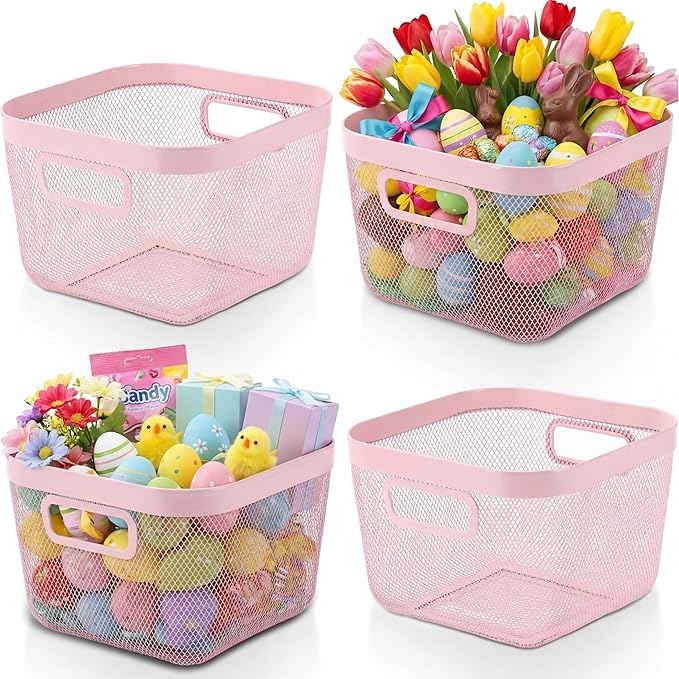 4 Pack Metal Mesh Basket with Hollow Handles Pink Wire Storage Bin for Organizing Stackable Metal Fine Mesh Basket for Pantry Bathroom Kitchen Cabinets Shelves (Medium)