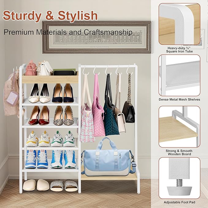 2-in-1 Shoe Rack for Closet with Purse Organizer, 5 Tier Shoes Shelf with Wooden Tray and Removable Shelves, Storage Organizer for Entryway, Garage, Hold Boots, Backpacks, White