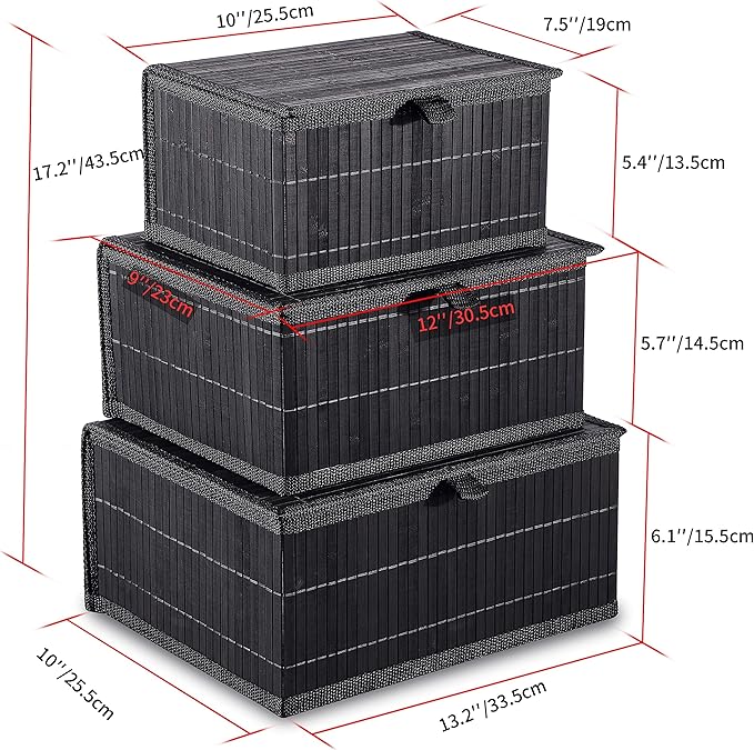 Honygebia Bamboo Decorative Storage Boxes - Set of 3 Woven Lined Storage Basket with Lids, Black Wicker Lidded Baskets for Home Kitchen Shelf Organizer Decor