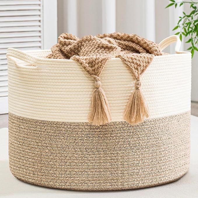 XXXLarge Woven Cotton Rope Basket (21.7" x 13.8") 90L – Blanket Basket for Living Room, Laundry Hamper, Baby Laundry Hamper, Toy Storage, Pillows & Cushions Organizer (Brown)