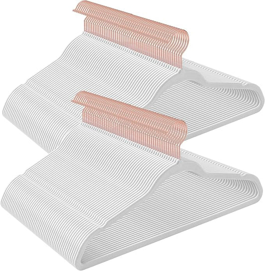 SONGMICS Slim Velvet Hangers, Non-Slip Clothes Hangers with Rose Gold Swivel Hooks, Space-Saving, for Closet, 100 Pack, White UCRF026W100
