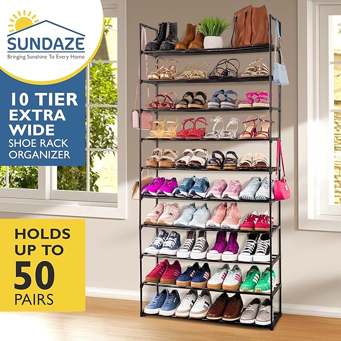Sundaze Shoe Rack - 10 Tier Metal Shoe Rack for Front Door Entrance, Sturdy Tall Shoe Organizer for Closet, Bedroom, Entryway, Garage, Black Metal Shoe Shelf, Holds Up to 50 Pairs