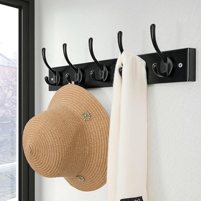 Dseap Wall Mounted Coat Rack: 16" Hole to Hole, Coat Hook Hanger with 5 Metal Hooks for Hanging Coats Towels Hats Clothes, Black, 2 Packs