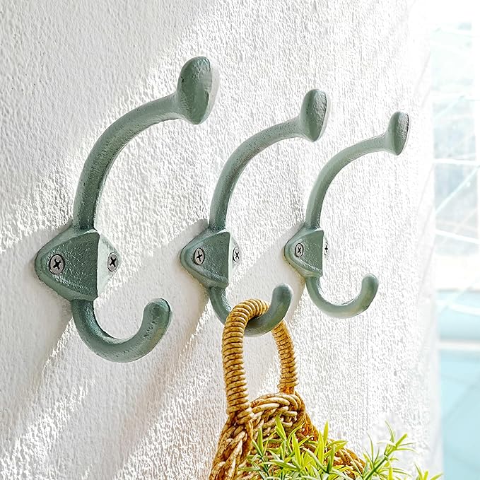 Dseap Cast Iron Wall Hooks, Heavy Duty Coat Hooks, Rustic Vintage Farmhouse Hook for Hanging Winter Coats Jackets Towels Hats Bags Plants, Mint Green, Pack of 5 (ShldCast)