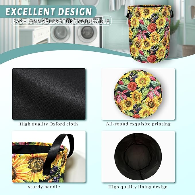 Yellow Sunflowers Laundry Basket Foldable With Handles Tote Bag Oxford Cloth Colorful Floral Laundry Hamper Clothes Storage Bucket Toy Organizer 18.9" x 16.5" For Bathroom/Laundry/Bedroom