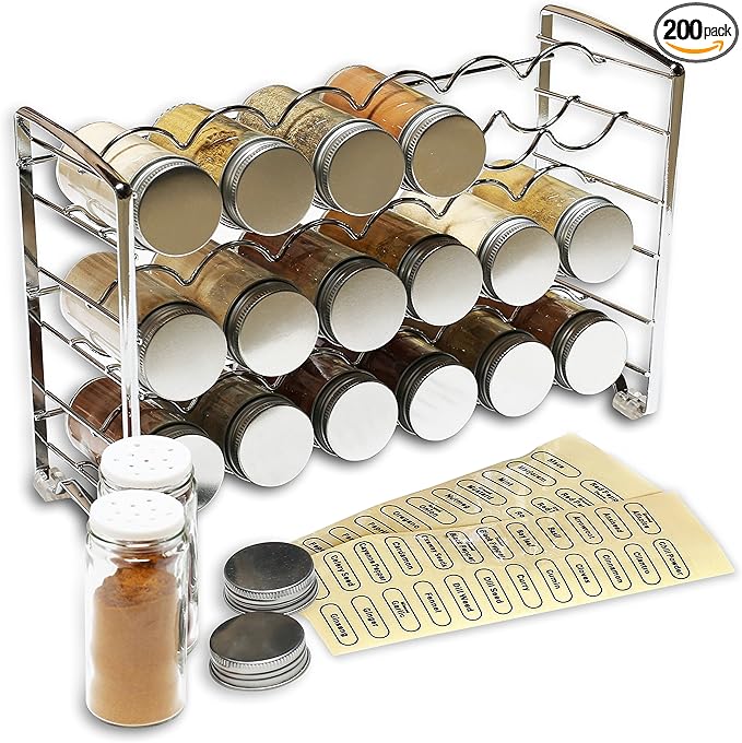 Deco Brothers Spice Rack Stand holder with 18 Bottles and 48 Labels, Chrome