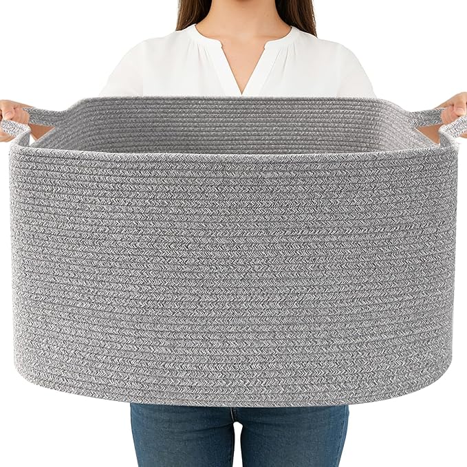Magazine & Newspaper Baskets,65L Large Woven Rope Blanket Basket,21"x16"x12"Storage Bin with Handle,Toys Storage,Laundry Basket for Home Organization/Living Room/Nursery/Bedroom,Grey