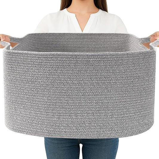 Magazine & Newspaper Baskets,65L Large Woven Rope Blanket Basket,21"x16"x12"Storage Bin with Handle,Toys Storage,Laundry Basket for Home Organization/Living Room/Nursery/Bedroom,Grey