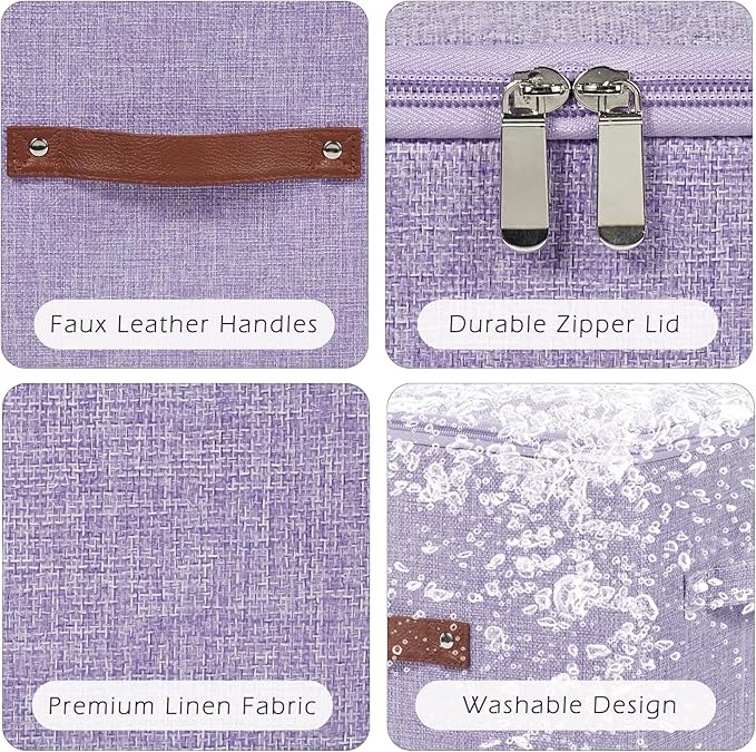 2 Pack Storage Bins with Zipper Lid Cotton Linen Fabric Lidded Storage Baskets Boxes Foldable Washable Closet Shelf Clothes Organizer Container with PU Leather Handles (Purple, Small)