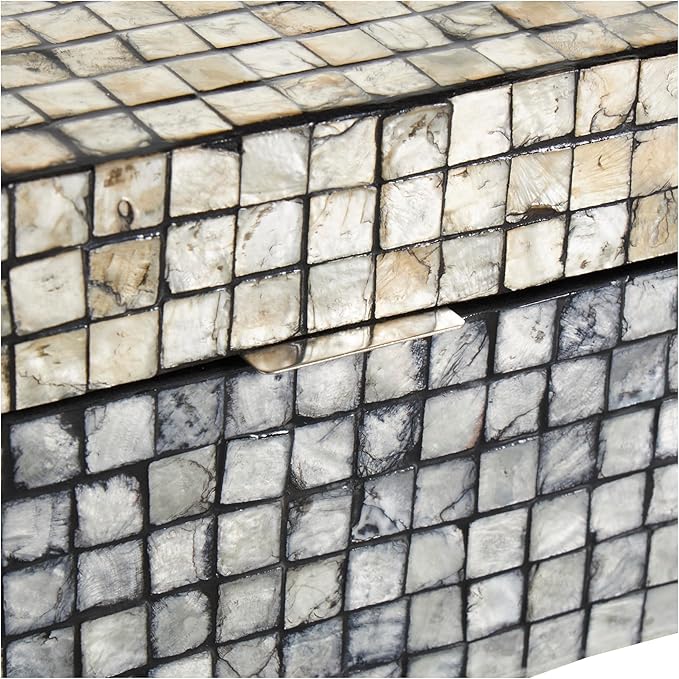 Deco 79 Mother of Pearl Shell Geometric Handmade Decorative Box Square Mosaic Storage Decorative Keepsake Box with Beige Accents, Set of 2 Storage Box 12", 8"W, Gray