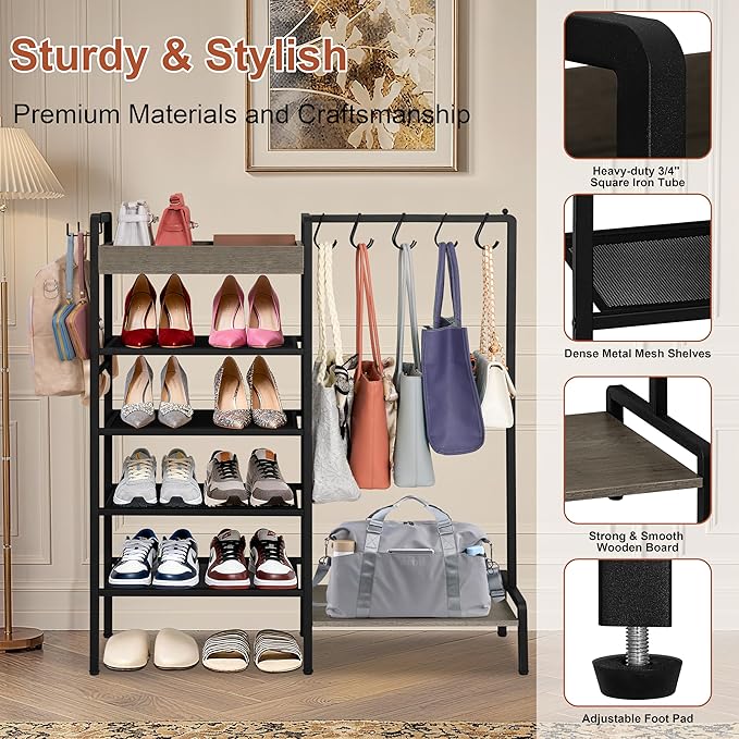 2-in-1 Narrow Shoe Rack with Bag Organizer, Garage Shoe Rack with Wooden Tray & 7 Hooks, Industrial Metal Shoe Shelf for Boot Storage, Front Door Entrance, Entryway, Closet, Black