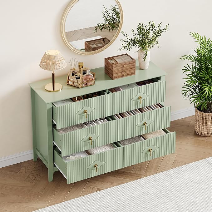 GarveeHome Fluted Dresser for Bedroom, 47.2 Inch Wide 6-Drawer Wood Dresser, Modern Chest of Drawers, Storage Organizer Cabinet for Living Room, Hallway, Entryway, Green
