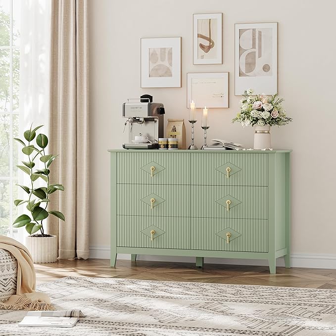 GarveeHome Fluted Dresser for Bedroom, 47.2 Inch Wide 6-Drawer Wood Dresser, Modern Chest of Drawers, Storage Organizer Cabinet for Living Room, Hallway, Entryway, Green