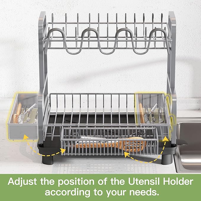 2 Tier Stainless Steel Large Capacity Dish Drainers Drying Rack for Kitchen Counter, Metal Gray Rust Proof Plate Strainers Holder On Countertop with Drainboard Tray, Space Saving, Aesthetic Modern