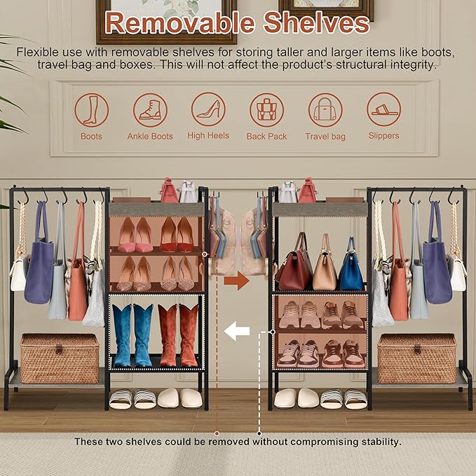 2-in-1 Narrow Shoe Rack with Bag Organizer, Garage Shoe Rack with Wooden Tray & 7 Hooks, Industrial Metal Shoe Shelf for Boot Storage, Front Door Entrance, Entryway, Closet, Black