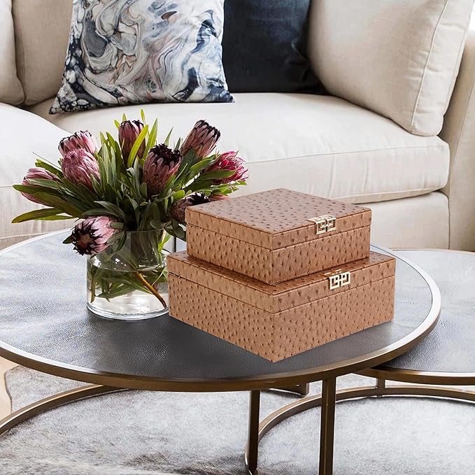 HofferRuffer Square Decorative Boxes, Set of 2 Nesting Storage Memory Keepsake Boxes with Lids, Stylish PU Leather Trinket Jewelry Organizer Box for Home Decor and Storage (Camel Ostrich)