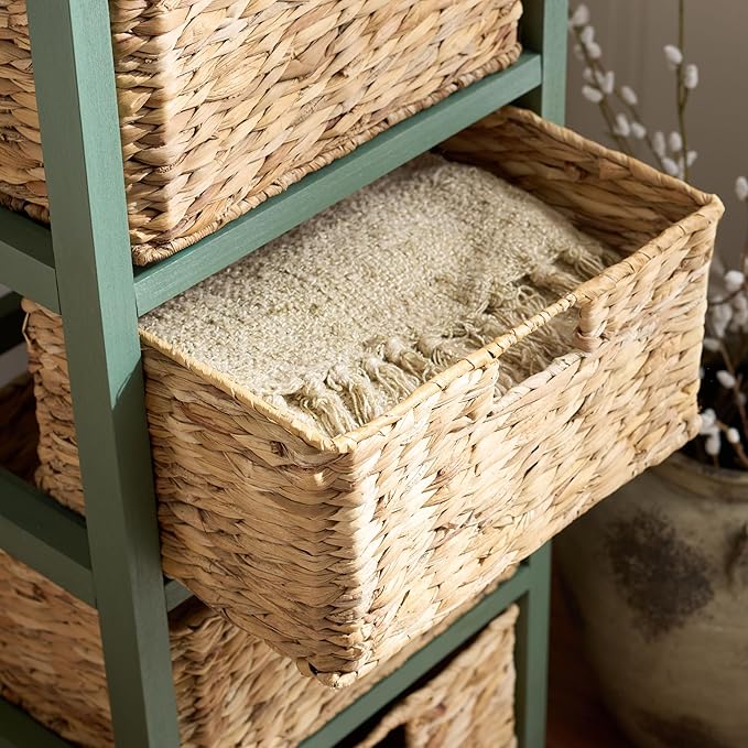 SAFAVIEH Home Collection â Vedette Dusty Green 5-Basket Storage Tower, Natural Rattan Accent Design, Fully Assembled (AMH5739J)