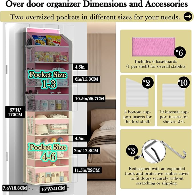 PAULONE 1 Pack Heavy Duty Over the Door Organizer, 6 Large + 12 Mesh Pockets with 89 lbs Capacity, Space-Saving Hanging Storage for Shoes, Toys, Bedroom & Closet (6-Layer Pink)