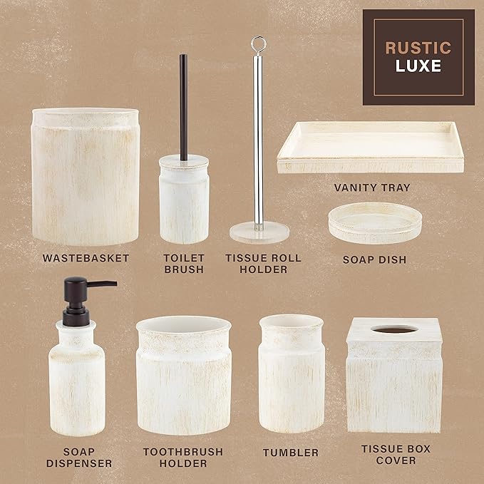 Creative Scents Rustic Luxe Bathroom Accessory Set - 6 Piece Modern Bathroom Sets Accessories Features: Toilet Brush and Holder, Tissue Cover, Soap Dispenser, Toothbrush Holder, Soap Dish & Tumbler