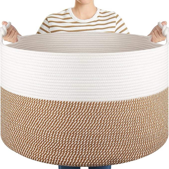 XXL Large Blanket Storage Basket for Living Room, 105L Woven Cotton Rope Basket with Handles, Baby Toy Storage, Laundry Hamper for Clothes, Pillows, Towels-Yellow and White