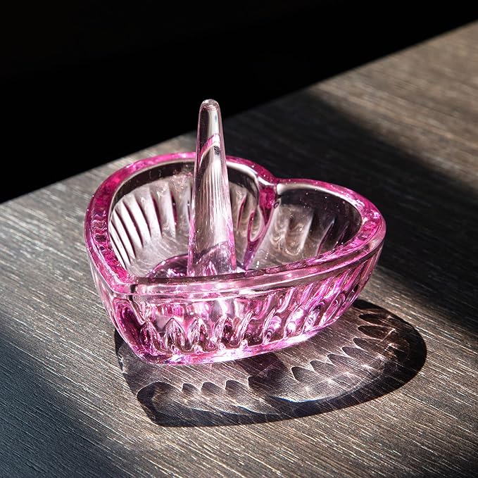H&D HYALINE & DORA Crystal Heart Rings Holder for Jewelry Glass Ring Dish, Pink