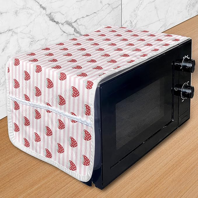 Ambesonne Strawberry Microwave Oven Cover, Girlish Pattern with Tasty Fruits on Stripes, Water Resistant Organizer with Pockets for Kitchen, 36" x 12", Pink Seafoam