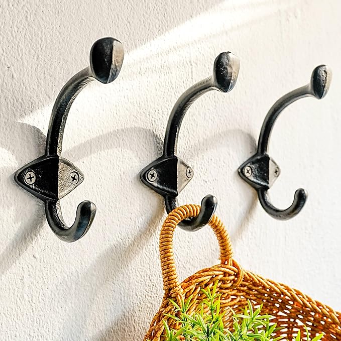 Dseap Cast Iron Wall Hooks, Heavy Duty Coat Hooks, Rustic Vintage Farmhouse Hook for Hanging Winter Coats Jackets Towels Hats Bags Plants, Antique Black, Pack of 10 (ShldCast)