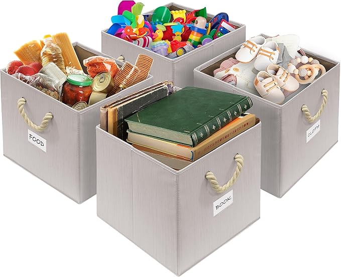 SIMPLE HOUSEWARE 11-Inch Cube Storage Bin With Braided Handles, 4 Pack, Ivory