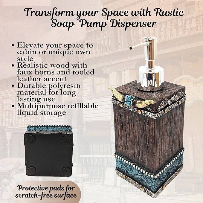BestGiftEver Southwestern Soap Dispenser - Cowboy Bathroom Accessories - Faux Horns and Tooled Leather-Inspired Soap Pump - Native Indian Home Decor - Western Bathroom Decor Rustic Lotion Dispenser